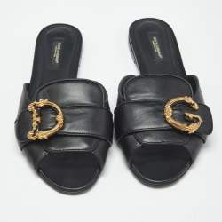 Pre Owned Dolce & Gabbana Black Leather Devotion Flat Slides Size 36.5