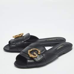 Pre Owned Dolce & Gabbana Black Leather Devotion Flat Slides Size 36.5