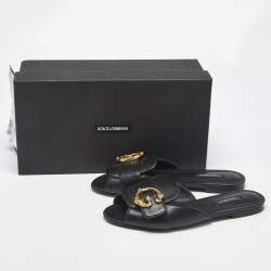 Pre Owned Dolce & Gabbana Black Leather Devotion Flat Slides Size 36.5
