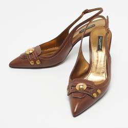 Pre Owned Dolce & Gabbana Brown Leather Logo Pointed Toe Slingback Pumps Size 38