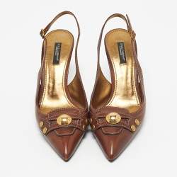 Pre Owned Dolce & Gabbana Brown Leather Logo Pointed Toe Slingback Pumps Size 38