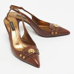 Pre Owned Dolce & Gabbana Brown Leather Logo Pointed Toe Slingback Pumps Size 38