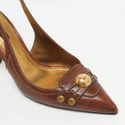 Pre Owned Dolce & Gabbana Brown Leather Logo Pointed Toe Slingback Pumps Size 38