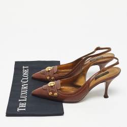 Pre Owned Dolce & Gabbana Brown Leather Logo Pointed Toe Slingback Pumps Size 38