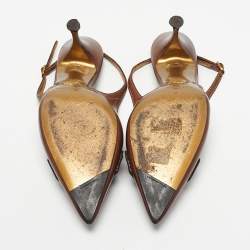 Pre Owned Dolce & Gabbana Brown Leather Logo Pointed Toe Slingback Pumps Size 38