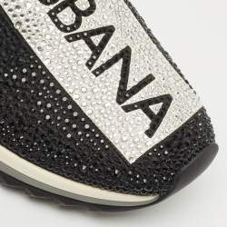 Pre Owned Dolce & Gabbana Black/White Knit Fabric Crystal Embellished Sorrento Slip On Sneakers Size 38.5