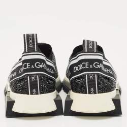 Pre Owned Dolce & Gabbana Black/White Knit Fabric Crystal Embellished Sorrento Slip On Sneakers Size 38.5