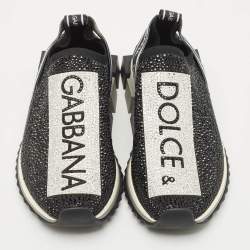 Pre Owned Dolce & Gabbana Black/White Knit Fabric Crystal Embellished Sorrento Slip On Sneakers Size 38.5