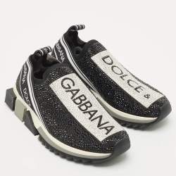Pre Owned Dolce & Gabbana Black/White Knit Fabric Crystal Embellished Sorrento Slip On Sneakers Size 38.5