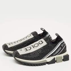 Pre Owned Dolce & Gabbana Black/White Knit Fabric Crystal Embellished Sorrento Slip On Sneakers Size 38.5