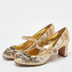 Pre Owned Dolce & Gabbana Gold/White Brocade Fabric Crystal Embellished Mary Jane Pumps Size 38