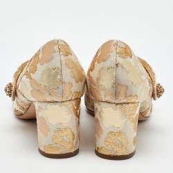 Pre Owned Dolce & Gabbana Gold/White Brocade Fabric Crystal Embellished Mary Jane Pumps Size 38