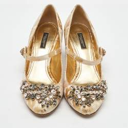 Pre Owned Dolce & Gabbana Gold/White Brocade Fabric Crystal Embellished Mary Jane Pumps Size 38