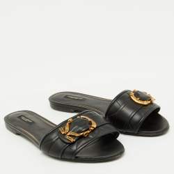 Pre Owned Dolce & Gabbana Black Leather Devotion Buckle Flat Slide Sandals Size 39