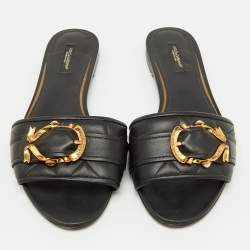 Pre Owned Dolce & Gabbana Black Leather Devotion Buckle Flat Slide Sandals Size 39