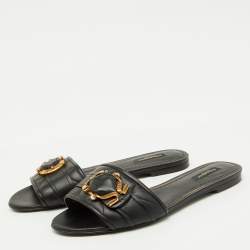 Pre Owned Dolce & Gabbana Black Leather Devotion Buckle Flat Slide Sandals Size 39