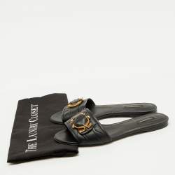 Pre Owned Dolce & Gabbana Black Leather Devotion Buckle Flat Slide Sandals Size 39