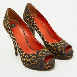 Pre Owned Dolce & Gabbana Black/Brown Leopard Print Fabric Platform Peep Toe Pumps Size 37