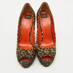 Pre Owned Dolce & Gabbana Black/Brown Leopard Print Fabric Platform Peep Toe Pumps Size 37