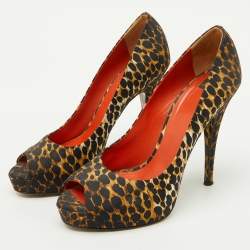 Pre Owned Dolce & Gabbana Black/Brown Leopard Print Fabric Platform Peep Toe Pumps Size 37