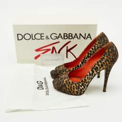 Pre Owned Dolce & Gabbana Black/Brown Leopard Print Fabric Platform Peep Toe Pumps Size 37