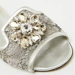 Pre Owned Dolce & Gabbana Silver Mesh and Leather Flat Slides Size 38