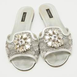 Pre Owned Dolce & Gabbana Silver Mesh and Leather Flat Slides Size 38