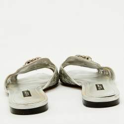 Pre Owned Dolce & Gabbana Silver Mesh and Leather Flat Slides Size 38