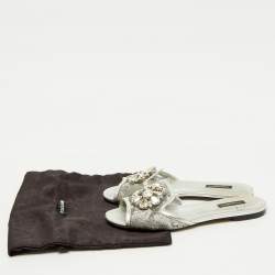 Pre Owned Dolce & Gabbana Silver Mesh and Leather Flat Slides Size 38