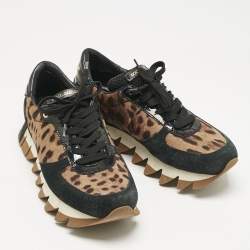 Pre Owned Dolce & Gabbana Multicolor Leopard Print Canvas and Patent Leather Lace Up Sneakers Size 36