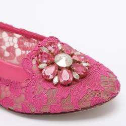 Pre Owned Dolce & Gabbana Pink Lace Crystal Embellished Taormina Ballet Flats Size 38
