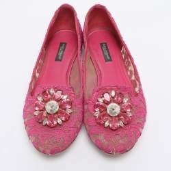 Pre Owned Dolce & Gabbana Pink Lace Crystal Embellished Taormina Ballet Flats Size 38