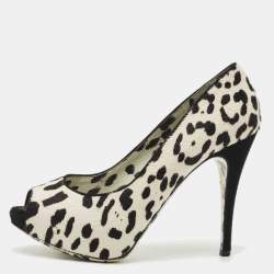 Pre Owned Dolce & Gabbana Black/White Leopard Print Calfhair Peep Toe Pumps Size 39