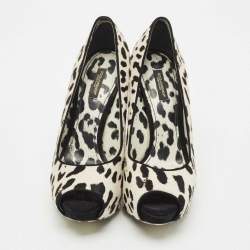 Pre Owned Dolce & Gabbana Black/White Leopard Print Calfhair Peep Toe Pumps Size 39