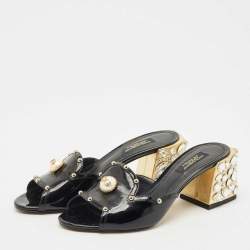 Pre Owned Dolce & Gabbana Black Patent Leather Crystal Embellished Slide Sandals Size 36.5