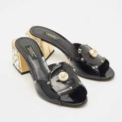Pre Owned Dolce & Gabbana Black Patent Leather Crystal Embellished Slide Sandals Size 36.5