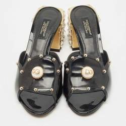 Pre Owned Dolce & Gabbana Black Patent Leather Crystal Embellished Slide Sandals Size 36.5