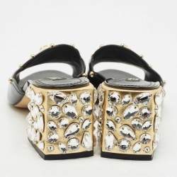 Pre Owned Dolce & Gabbana Black Patent Leather Crystal Embellished Slide Sandals Size 36.5