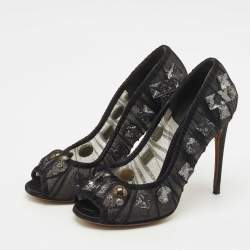 Pre Owned Dolce & Gabbana Black Lace Crystal Embellished Open Toe Pumps Size 38