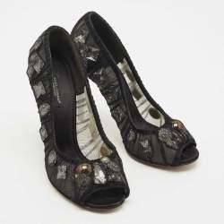 Pre Owned Dolce & Gabbana Black Lace Crystal Embellished Open Toe Pumps Size 38