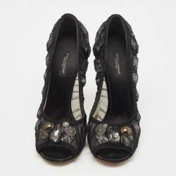 Pre Owned Dolce & Gabbana Black Lace Crystal Embellished Open Toe Pumps Size 38