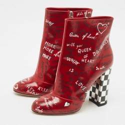 Pre Owned Dolce & Gabbana Red Leather Graffiti Ankle Boots Size 40.5