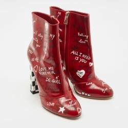 Pre Owned Dolce & Gabbana Red Leather Graffiti Ankle Boots Size 40.5