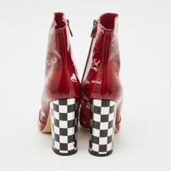 Pre Owned Dolce & Gabbana Red Leather Graffiti Ankle Boots Size 40.5