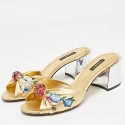 Pre Owned Dolce & Gabbana Gold Floral Print Leather Mirrored Heel Slide Sandals Size 39