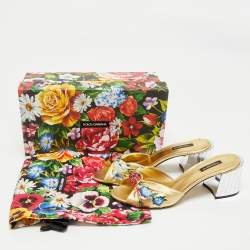 Pre Owned Dolce & Gabbana Gold Floral Print Leather Mirrored Heel Slide Sandals Size 39
