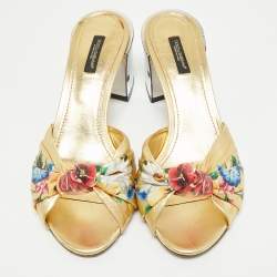 Pre Owned Dolce & Gabbana Gold Floral Print Leather Mirrored Heel Slide Sandals Size 39