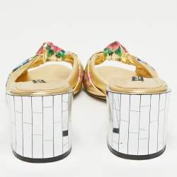 Pre Owned Dolce & Gabbana Gold Floral Print Leather Mirrored Heel Slide Sandals Size 39