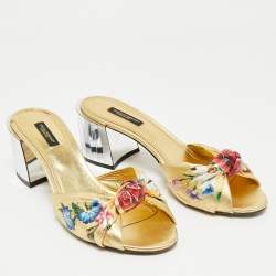 Pre Owned Dolce & Gabbana Gold Floral Print Leather Mirrored Heel Slide Sandals Size 39