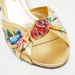 Pre Owned Dolce & Gabbana Gold Floral Print Leather Mirrored Heel Slide Sandals Size 39